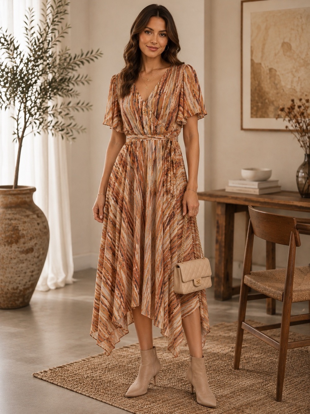 Soft Surroundings Cyra Dress Painted Stripe Asymmetrical Hem Midi Size Medium